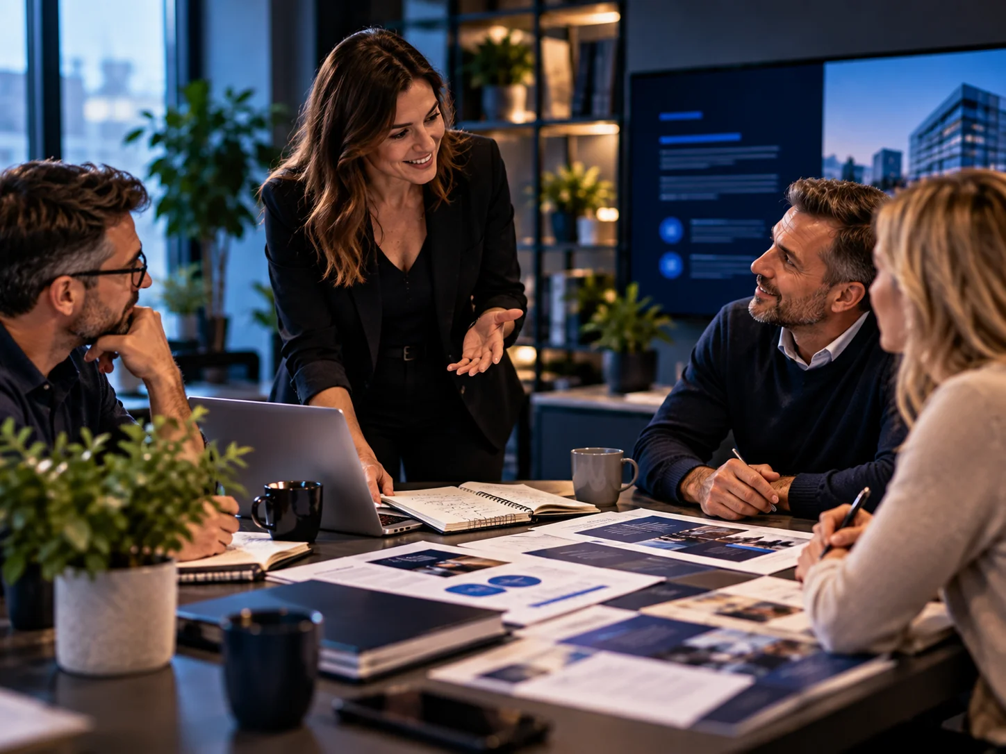 Small service-business team discussing professional client materials