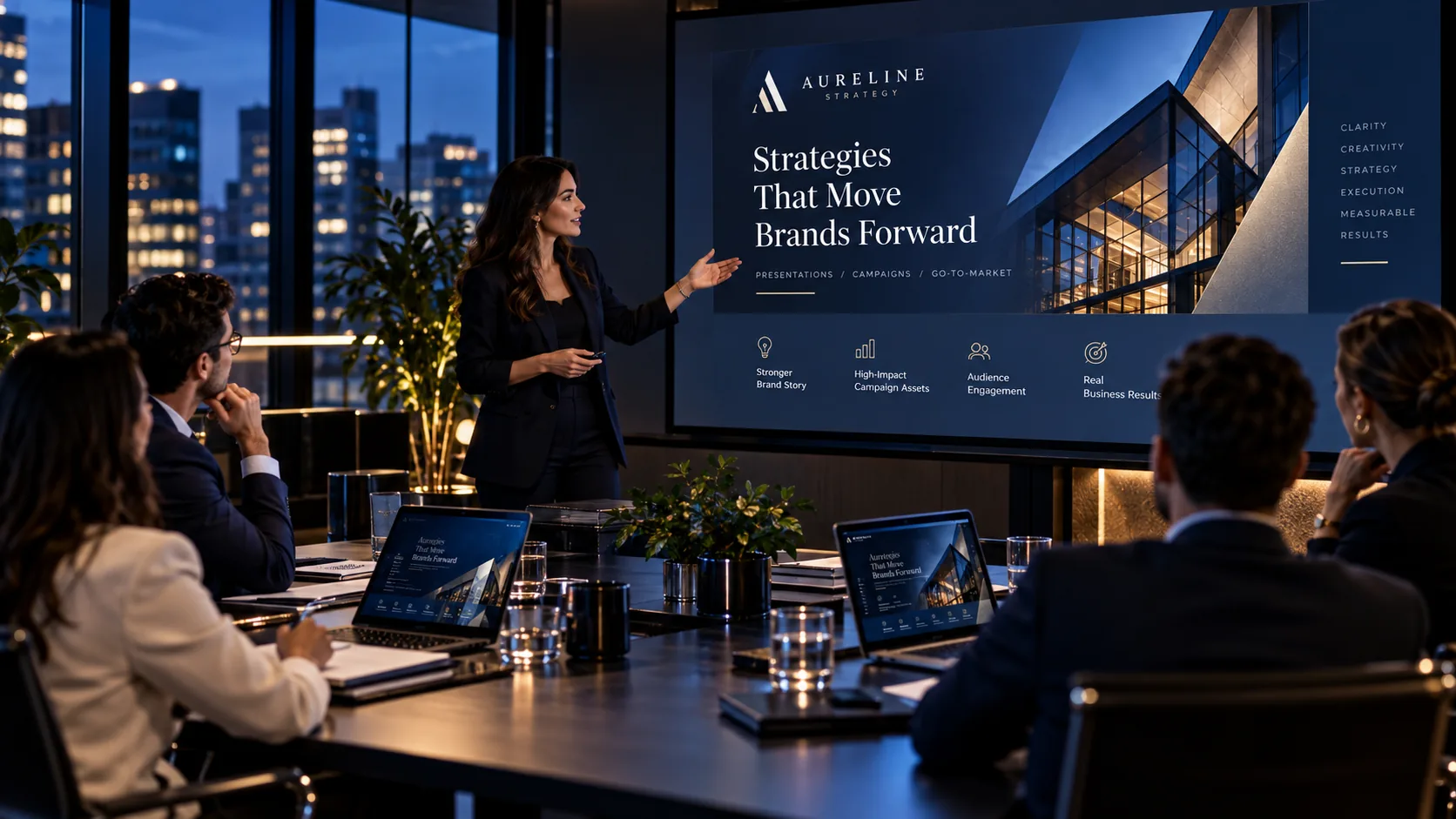 Illustrative Aureline Strategy business meeting with a presenter explaining a widescreen presentation to colleagues in a boardroom