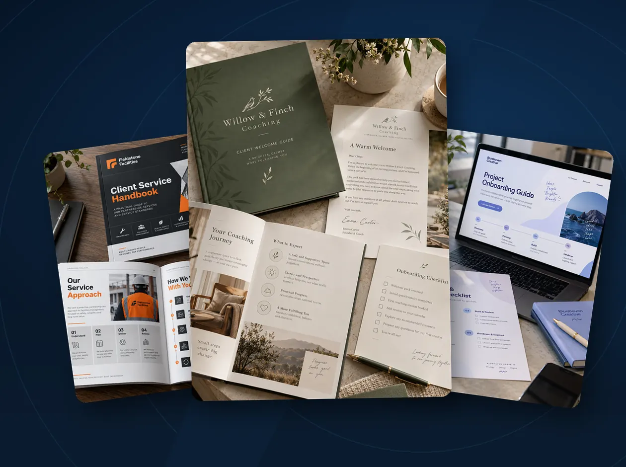 Three differently branded fictional client materials including a welcome pack, client service handbook and digital onboarding guide