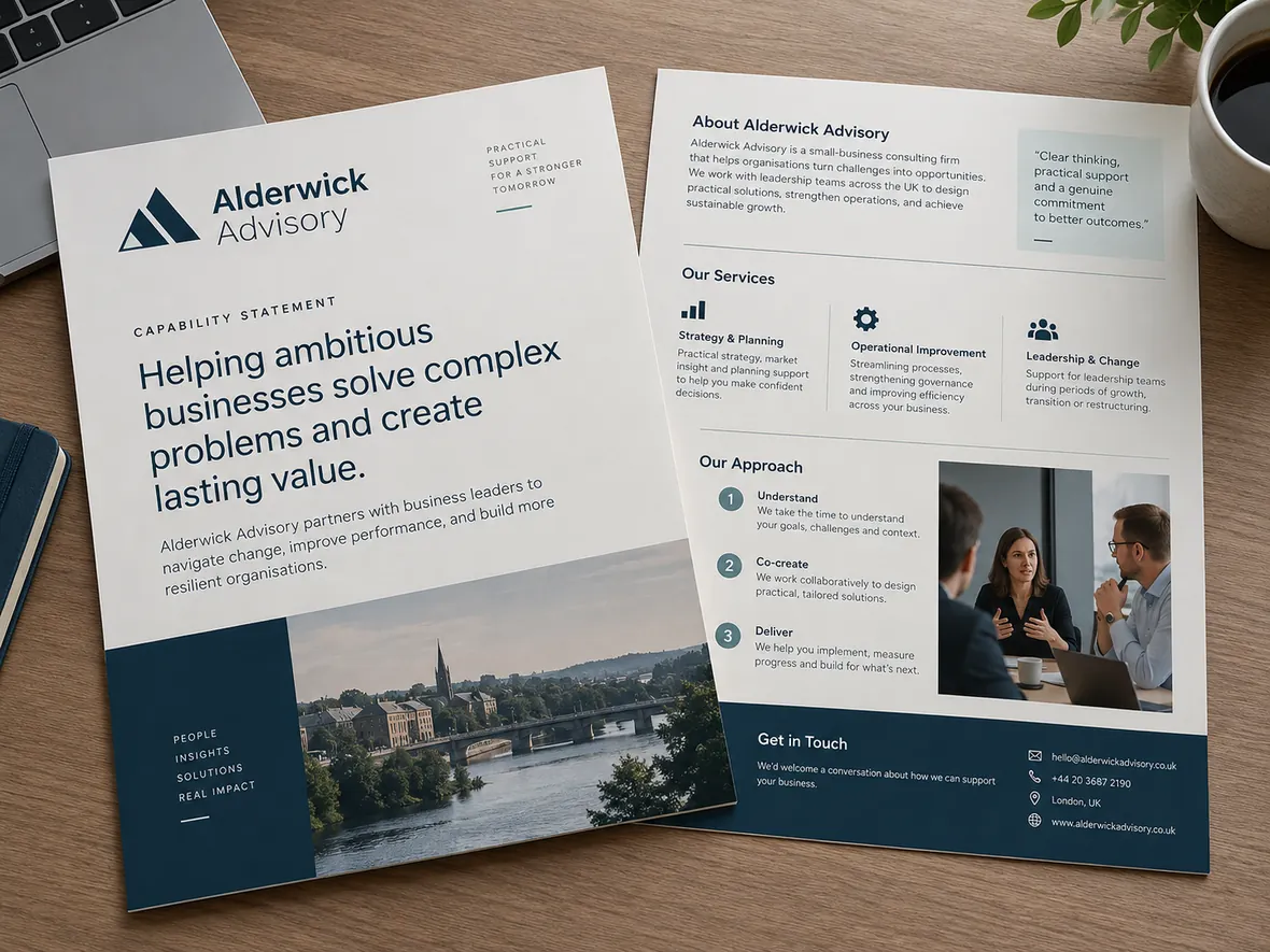 Alderwick Advisory fictional capability statement, shown with front cover and inside page