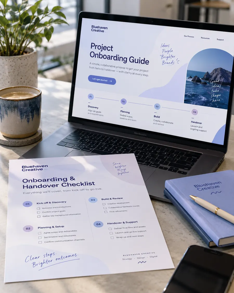 Fictional Bluehaven Creative onboarding guide on laptop with printed milestones and handover checklist