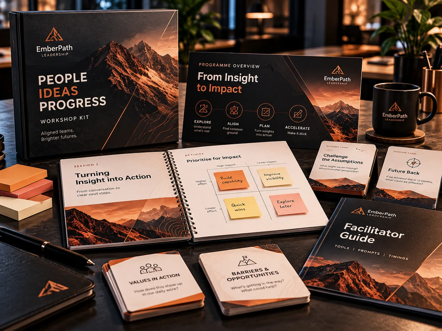 Fictional EmberPath Leadership facilitator guide and workshop activity card set with charcoal and orange mountain design