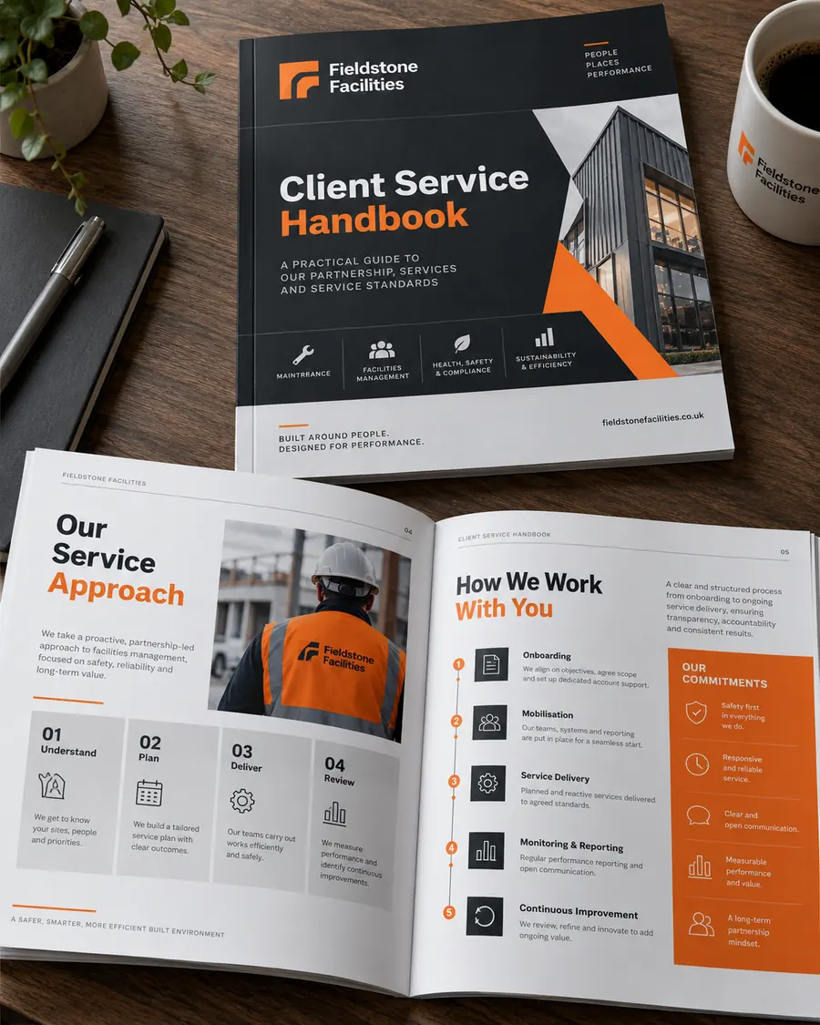 Fictional Fieldstone Facilities charcoal and orange client service handbook with service process pages
