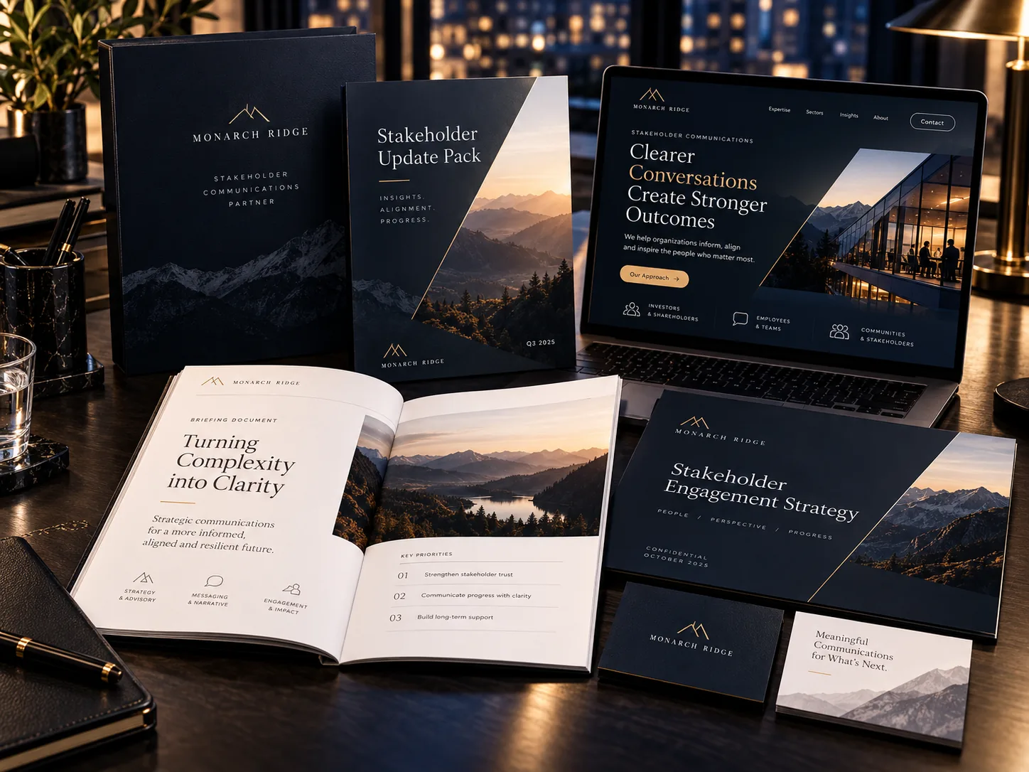 Fictional Monarch Ridge stakeholder communications presentation and update pack in deep green and gold.