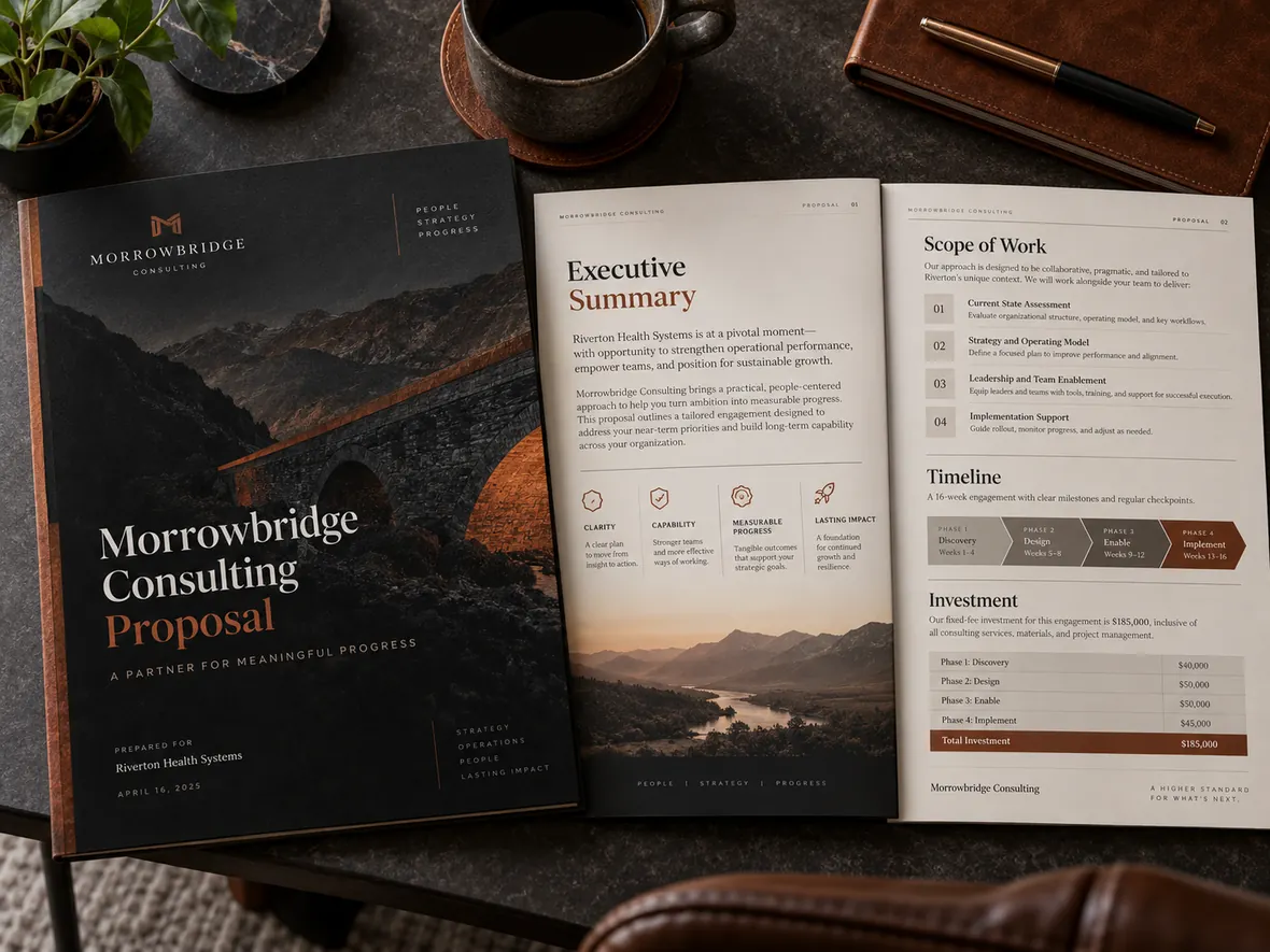Morrowbridge Consulting fictional operations consulting proposal, including scope and timeline pages