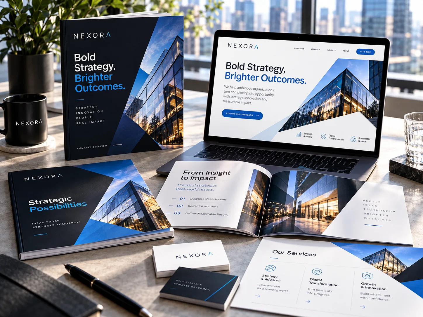 Fictional Nexora corporate presentation, business overview and coordinated company information documents in a blue and white identity.