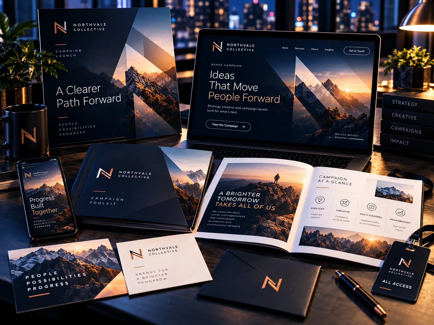 Fictional Northvale Collective premium campaign with navy and copper materials, laptop mockup and printed promotional booklets.