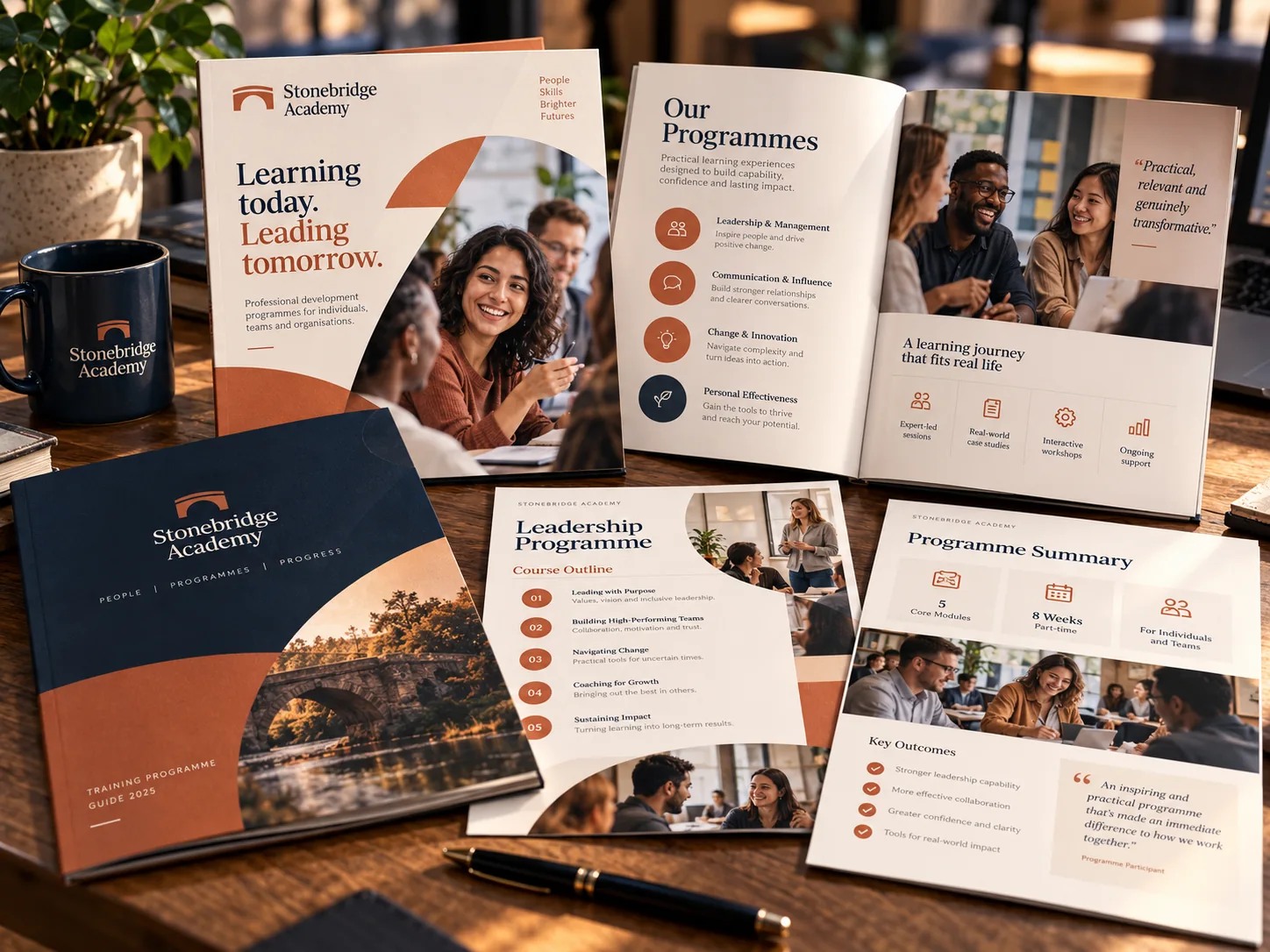 Fictional Stonebridge Academy training programme overview in cream and terracotta with professional workshop photographs