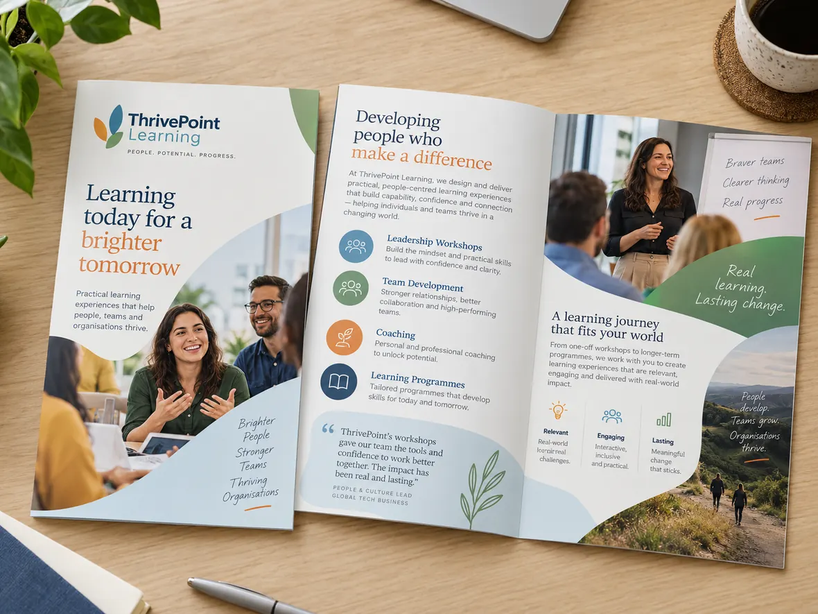 ThrivePoint Learning fictional leadership and people development brochure open on a table