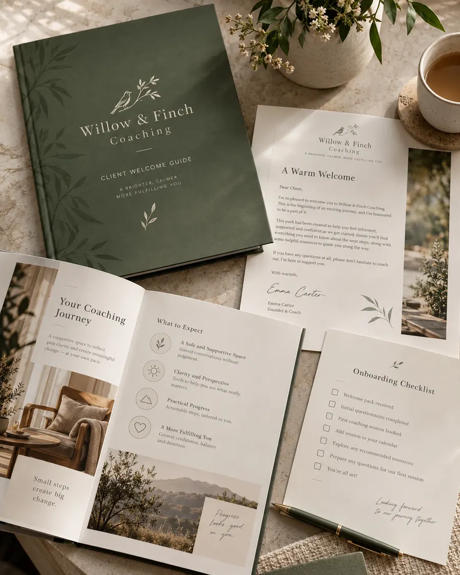 Fictional Willow & Finch Coaching welcome pack in sage green with letter, coaching journey and onboarding checklist
