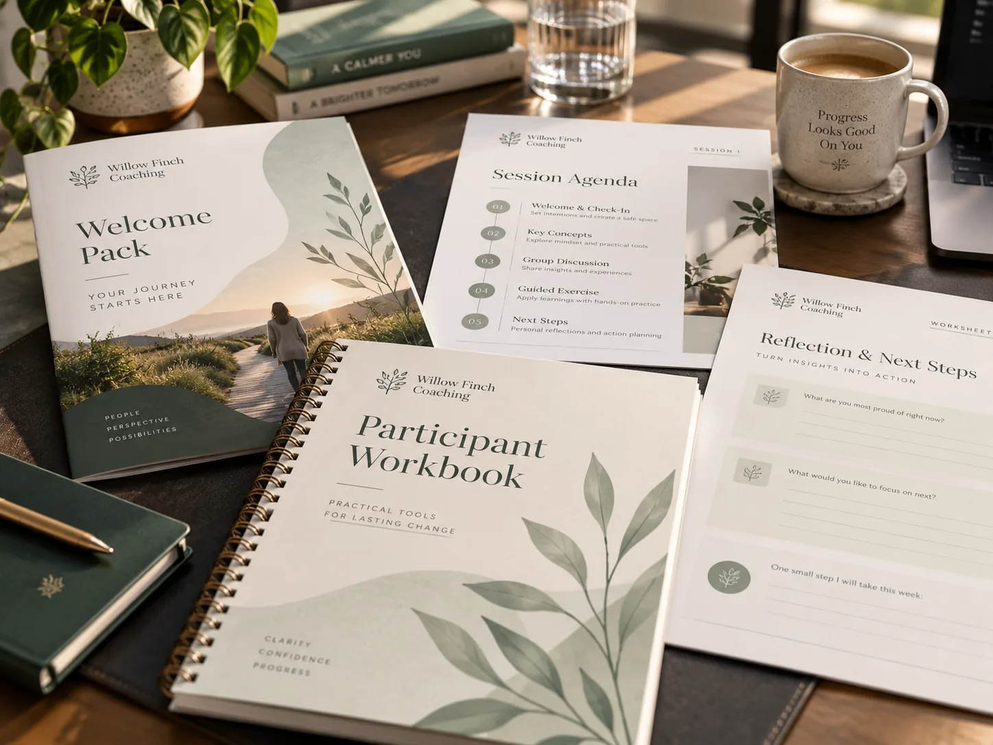Fictional Willow Finch Coaching participant workbook and workshop worksheets, botanical sage green and cream styling