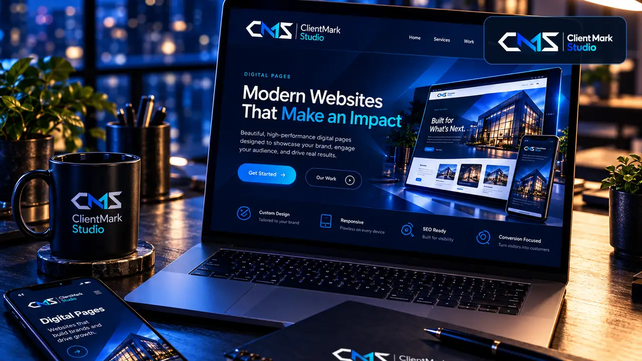 Responsive business landing page displayed on a laptop and mobile phone