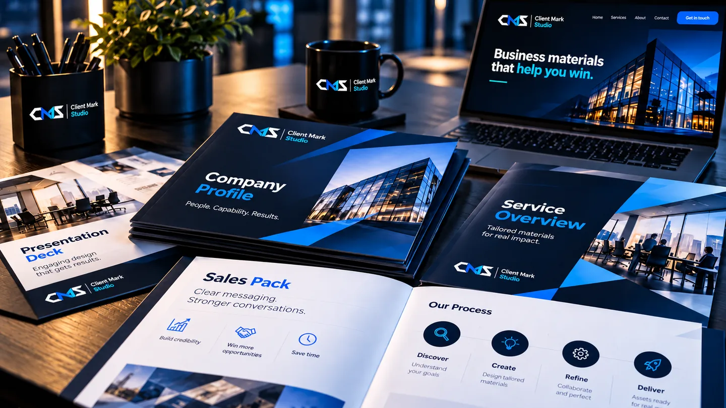 Illustrative Client Mark Studio-branded business brochures, sales pack, company profile and presentation materials on a professional desk