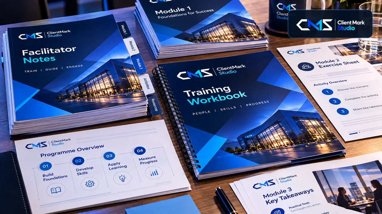 Leadership workshop workbook and participant training materials in use