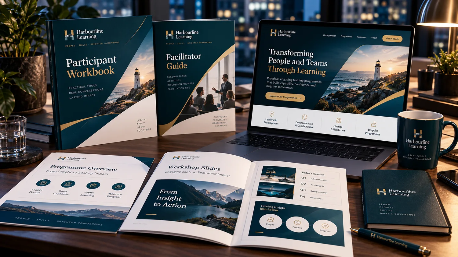 Fictional Harbourline Learning training suite featuring a participant workbook, facilitator guide and programme presentation on a workspace